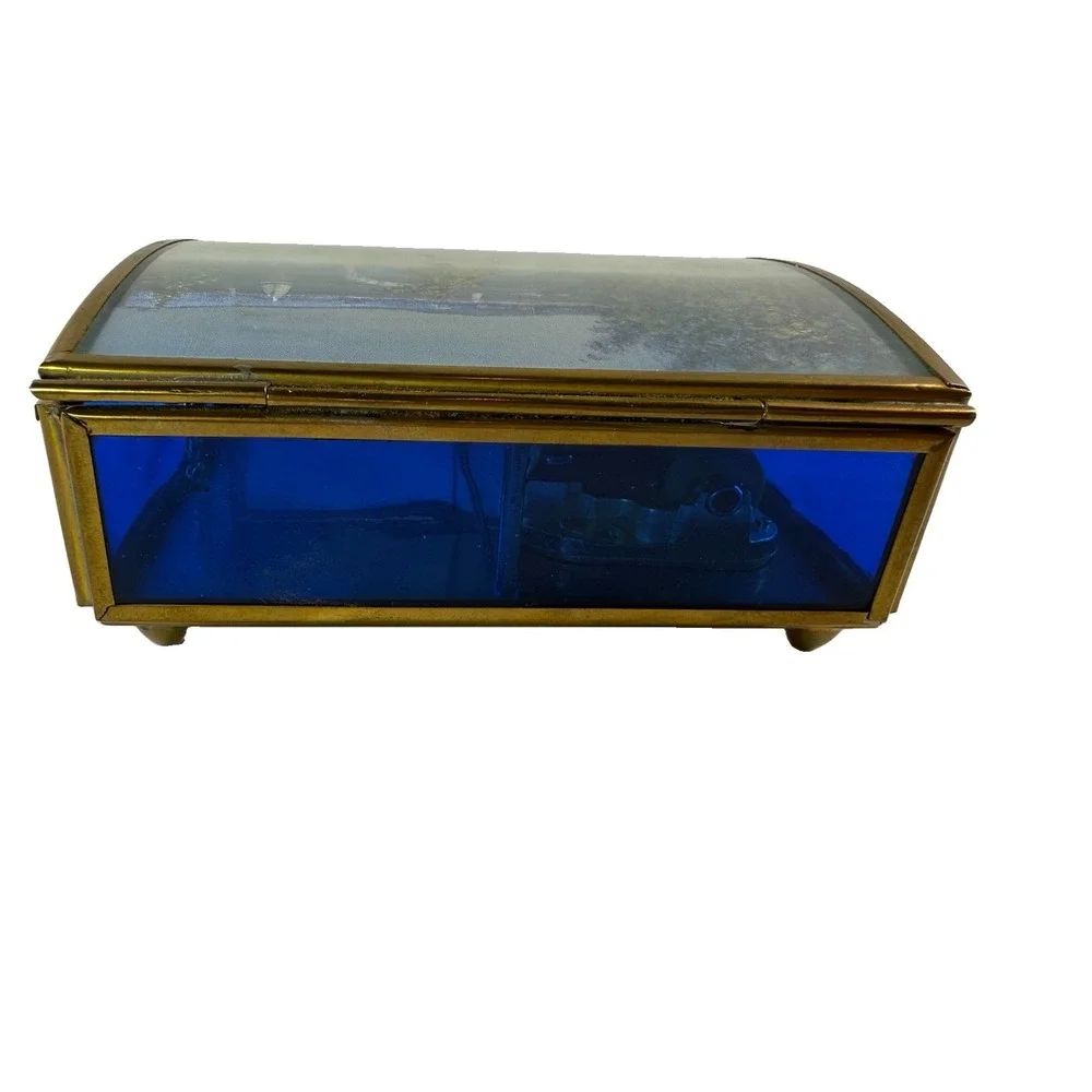 Vintage Enesco Brass & Cobalt Blue Glass Music Box The Spring/Primavera Mexico